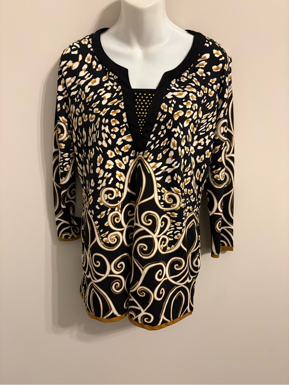 JM Collection Black Tunic with Gold and Cream Scroll Print